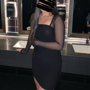 Fashion Nova Black square neck Mesh and scrunched mini dress